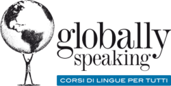 Globally speaking logo, a person holding the world, with the text "globally speaking, corsi di lingue per tutti"
